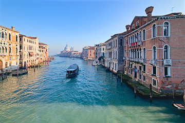 View of the Grand Canal in Venice, Italy, from the Ponte dell'Accademia, with a ferry crossing the canal