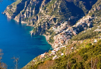 Aerial view of Positano, a famous characteristic maritime village on the Amalfi coast, in a clear winter morning from the top of a close moutain in Agerola, in the Path of Gods