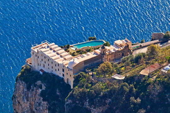 Agerola, Italy - December 31, 2018: The Santa Rosa Da Lima Conservatory, founded in 1681, is a former Dominican monastery, now a luxury hotel, in Conca dei Marini, set on a cliff to dominate the coast