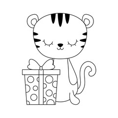 cute tiger animal with gift box