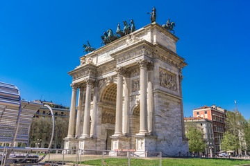 Fototapeta na wymiar Arch of Triumph (Arco della Pace) at Park Sempione in Milan, Italy