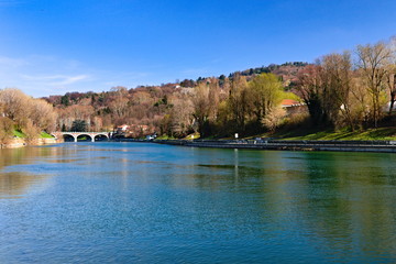 Obraz premium View on the Isabella bridge on the Po river in Turin, Piedmont, Italy, in a bright spring morning