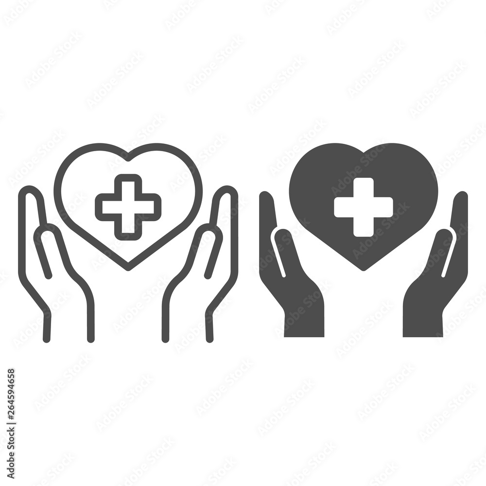 Aufkleber hands with heart and cross line and glyph icon. donation vector illustration isolated on white. hear