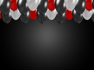 Elegant festive design. Gradient background with 3d flying red, gray and dark balloons in a row. Black friday, party, birthday, christmas sale concept.