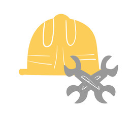 Yellow safety helmet and wrench, flat illustration with pattern background.