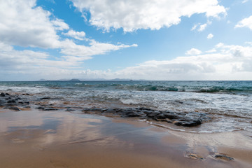 Panorama of beautiful beach and tropical sea of Lanzarote. Canaries