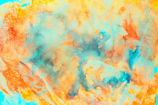 Colorful watercolor background. Bright splashes of coral, cyan and orange colors and tones.
