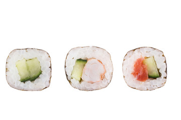 Sushi rolls isolated on white background. Collection. Close-up of delicious japanese food with sushi roll.