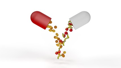3D illustration of medicine capsule, opened and poured out a variety of fruits, lemons, bananas, apples. 3D rendering of tablets with vitamins. The idea of a healthy lifestyle, quality food.