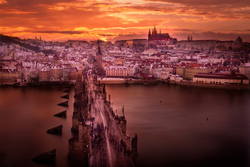 Charles Bridge Prague with Orange Sky Taken from the top of the Powder Tower