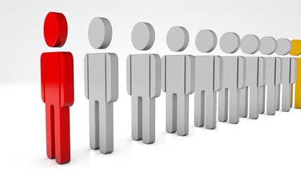 3D illustration of the system, columns of people, silhouettes of men standing in a row. White color, the first red color. 3D rendering isolated on white background.