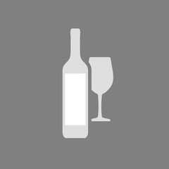 Vector icon of wine bottle with white label and wineglass isolated on gray background