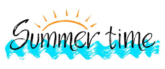 Dry brush handwritten lettering composition with waves and text Summer time. Logo design isolated on white background. Vector illustration EPS 10.