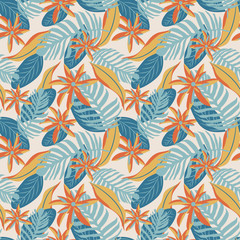 Seamless pattern with bright tropical leaves and flowers. Vector design. Flat jungle print. Floral background.