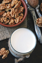 Walnut milk. Walnuts in the peel. Vegan milk. Keto diet. Keto drinks.