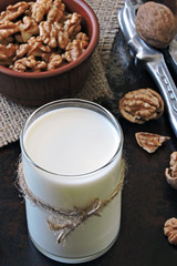 Walnut milk. Walnuts in the peel. Vegan milk. Keto diet. Keto drinks.