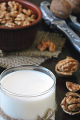 Walnut milk. Walnuts in the peel. Vegan milk. Keto diet. Keto drinks.