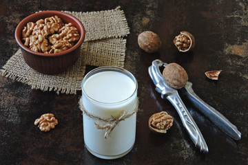Walnut milk. Walnuts in the peel. Vegan milk. Keto diet. Keto drinks.