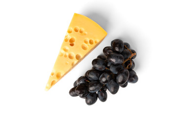 Cheese and grapes isolated on white background.