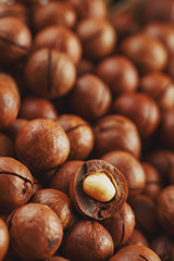 Texture of organic macadamia nut fresh natural fruit shelled one nut - vintage filter