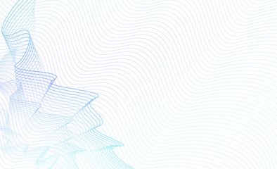 Airy net pattern on ripple thin curves. Abstract vector colored watermark. Guilloche art line design, light blue, turquoise gradient. White background. Dynamic composition, copy space. EPS10