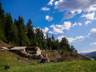 Concrete house foundation ruins near pine woods, blue sky white clouds background.