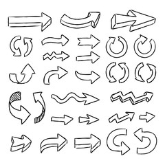 Illustration of handmade doodle arrows. Grunge sketch arrow vector set.