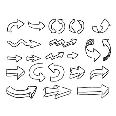 Illustration of handmade doodle arrows. Grunge sketch arrow vector set.