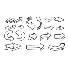 Illustration of handmade doodle arrows. Grunge sketch arrow vector set.