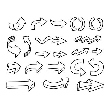 Illustration of handmade doodle arrows. Grunge sketch arrow vector set.