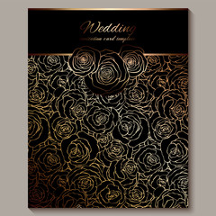 Luxury gold vintage wedding invitation, floral background with place for text, lacy foliage made of roses with golden shiny gradient. Victorian wallpaper ornaments, baroque style template for design