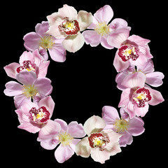 Beautiful flower circle of rosehip and orchids. Isolated 
