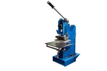 Press machine in the workshop for doing the embossed logo and letters on the leather product that heats the cliche and squeezes the desired image on the material on white isolated background