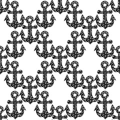Seamless pattern with anchor in black line style on the white background