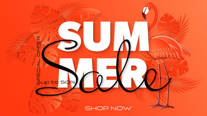 Summer sale banner with paper cut flamingo and tropical leaves background, exotic floral design for banner, flyer, invitation, poster, web site or greeting card. Paper cut style. Vector illustration