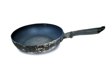 The pan has a handle with a handle.Old condition deteriorated on white background.(with Clipping Path).;