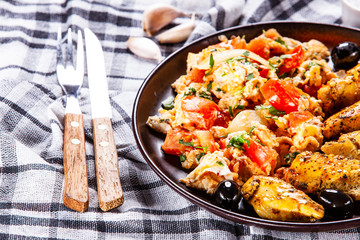 Breakfast - scrambled eggs with chicken strips