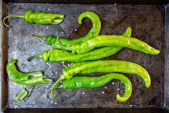 Whole Green Banana Pepper Group With Stems On Metal Tray Flat Lay