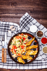 Breakfast - scrambled eggs with chicken strips