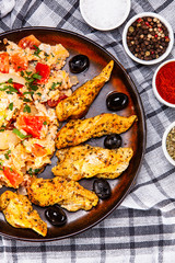 Breakfast - scrambled eggs with chicken strips