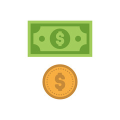 Dollar bill and coin vector icon illustration, flat style vector. Cash concept.