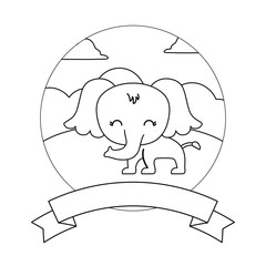cute elephant in landscape with frame and ribbon