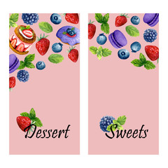Set of two vertical banners with watercolor sweet desserts, mint and place for text. Templates with donut, cake, macarons and berries
