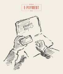 Bank card pay man online shopping e-payment vector