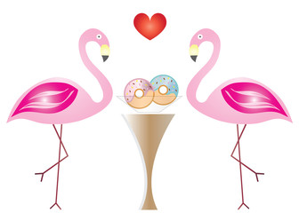 Printtwo flamingos in love eating donuts - Valentines day theme