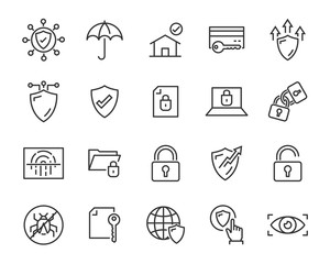 set of security icons, such as guard, cyber lock, unlock, shield, key