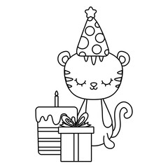 cute tiger with cake of birthday and gift box