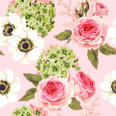 Vector seamless pattern with roses and hydrangea