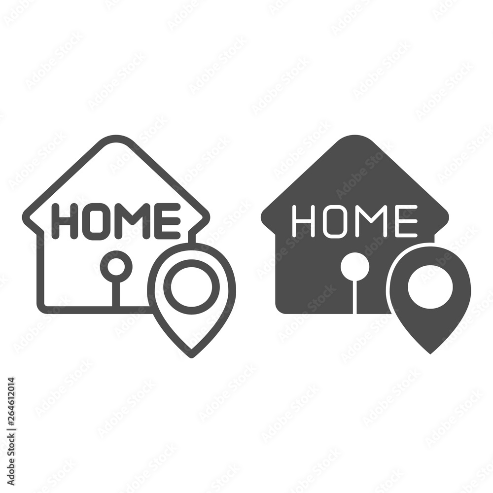 Poster home location line and glyph icon. house with map pin vector illustration isolated on white. navigat