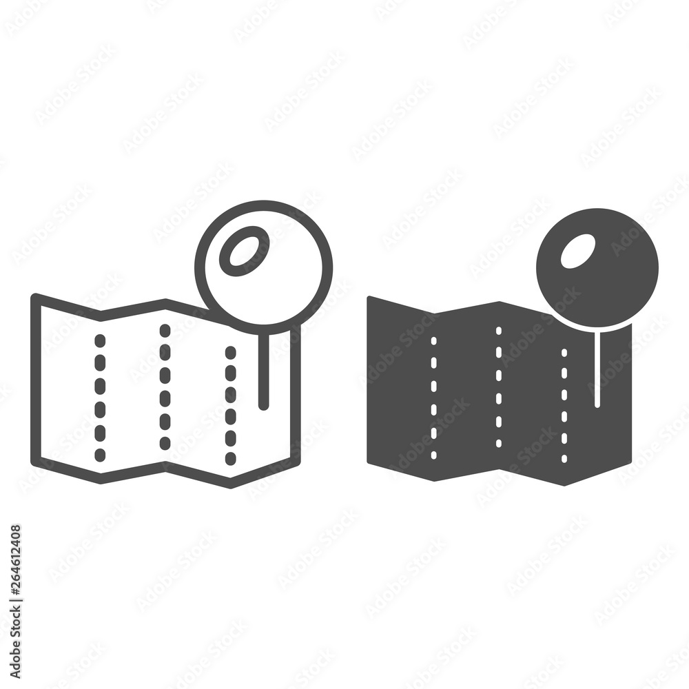 Poster location pin on map line and glyph icon. paper pin vector illustration isolated on white. push pin o